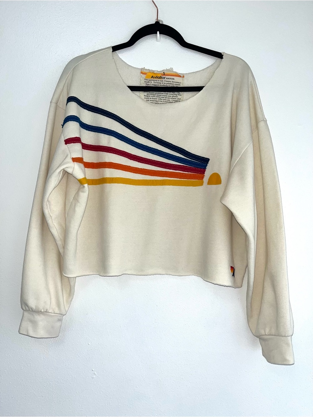 Aviator Nation Daydream Rough Edge Cropped Sweatshirt Rainbow EUC Cream Small